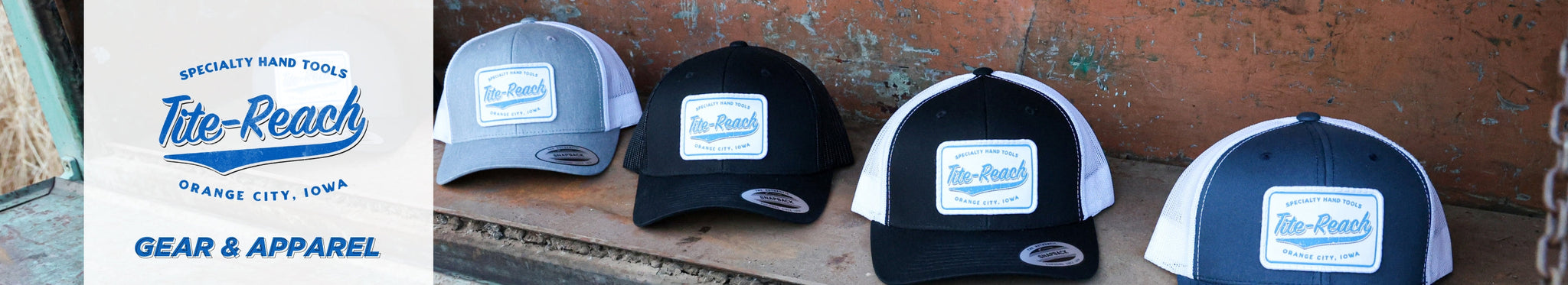 A collection of four Tite-Reach brand trucker hats, each with a logo patch, displayed against a rustic background.