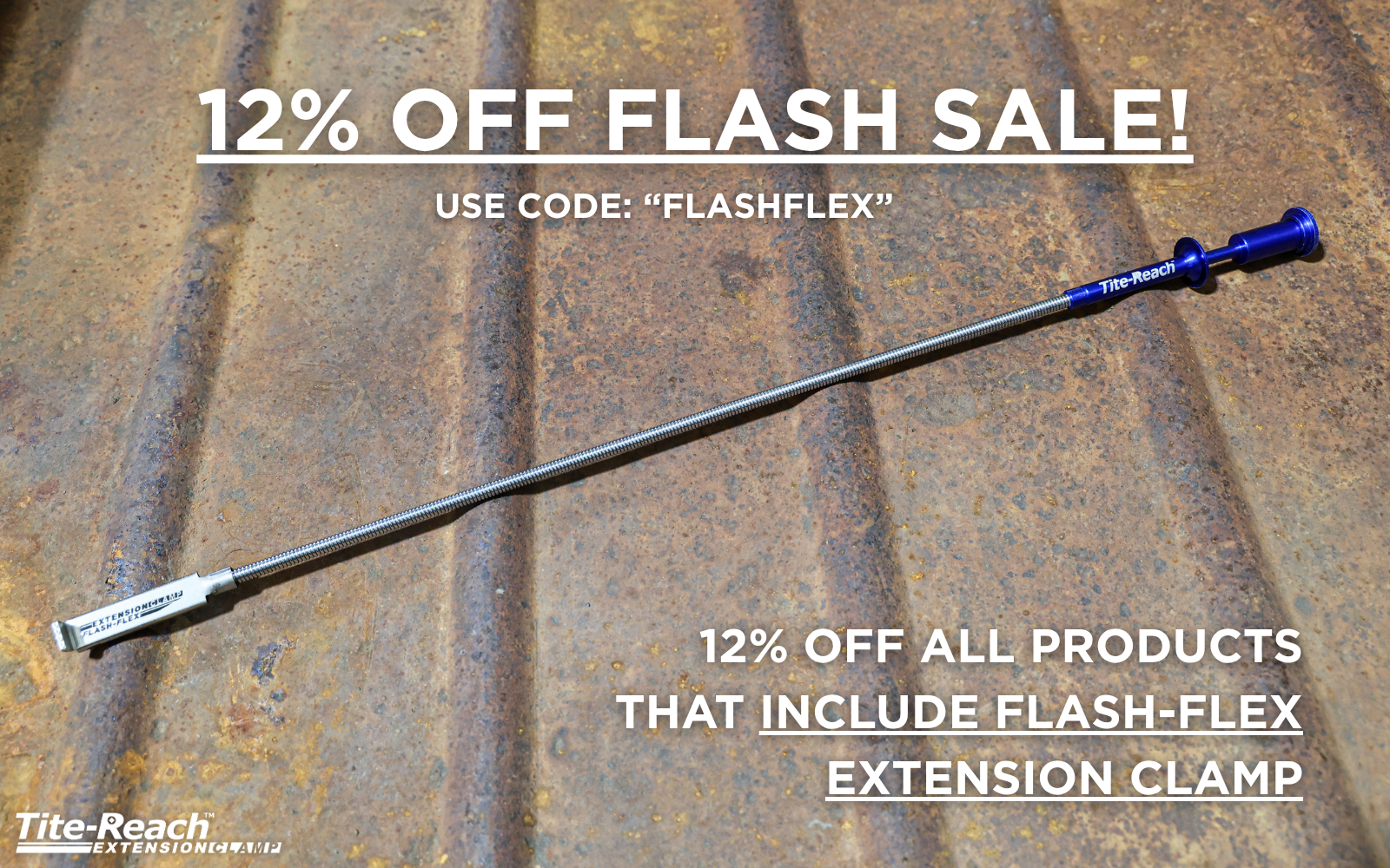 Flash Flex extension clamp on a textured surface with promotional text overlay. 12% off sale on all products that include flash-flex extension clamp - use code flashflex.