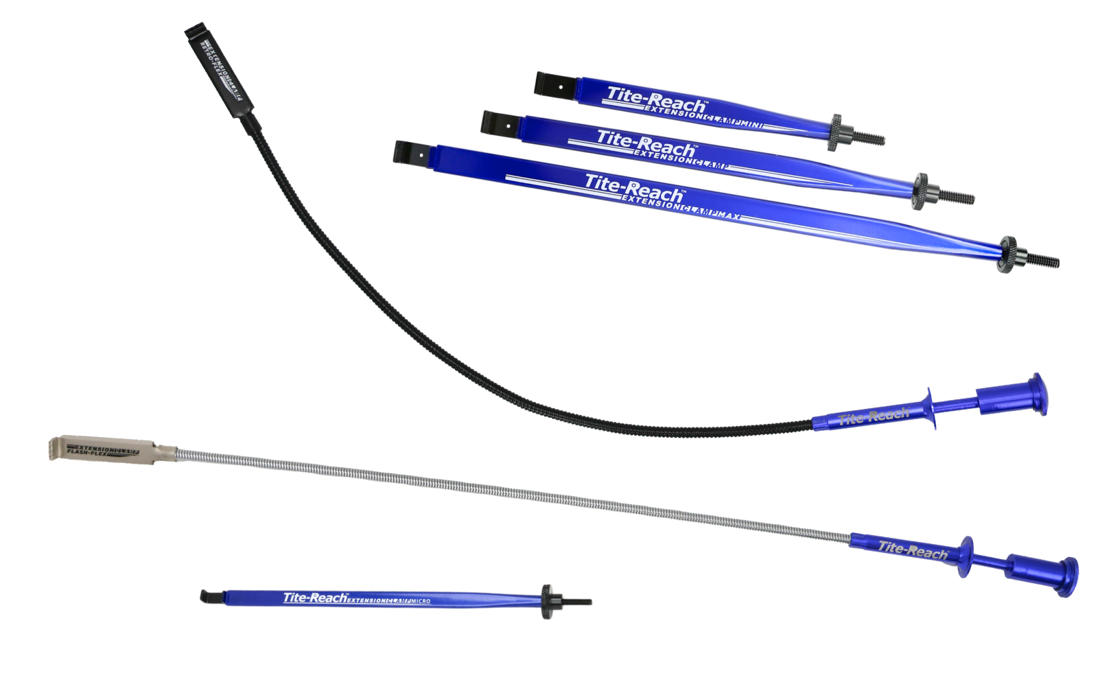 A collection of Tite-Reach brand flexible and rigid extension tools with magnetic and claw retrieval ends.
