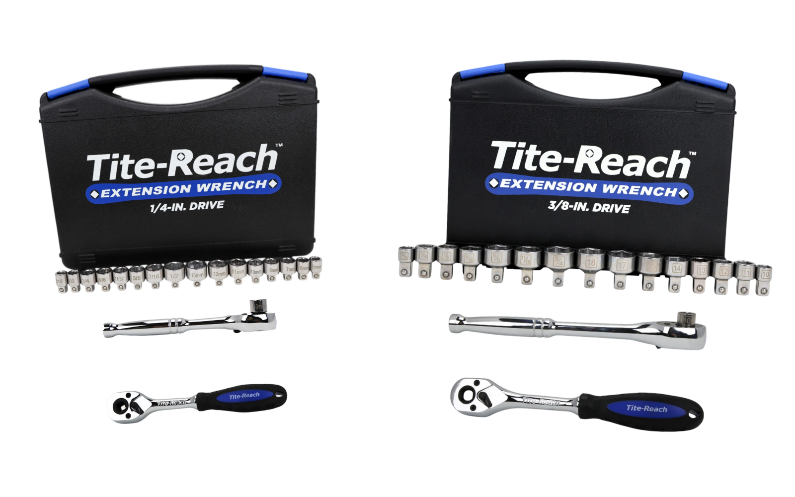 Two Tite-Reach extension wrench sets, 1/4-inch and 3/8-inch drives, each with a case, sockets, extension, and ratchet.