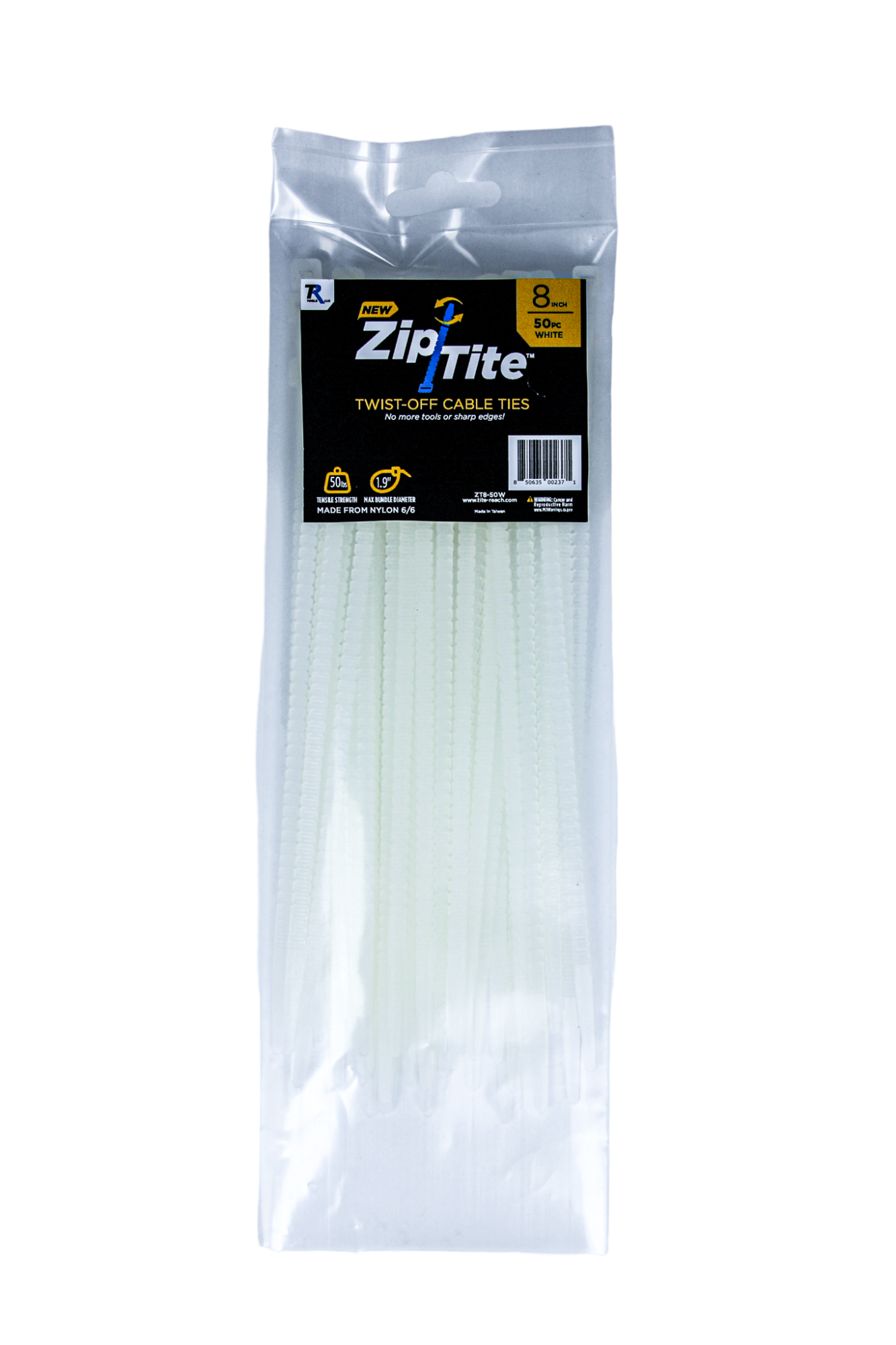 8" Standard Duty Zip-Tite Cable Tie - White-Tite-Reach®