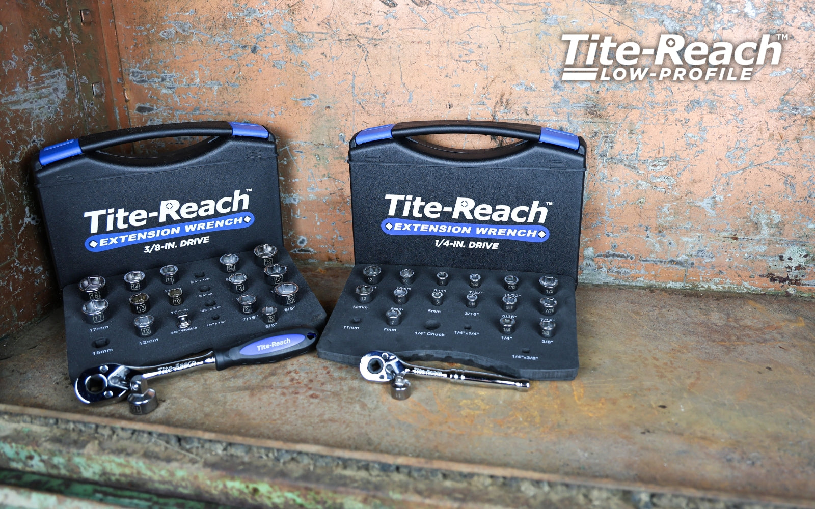 Two Tite-Reach socket sets on a rusty surface