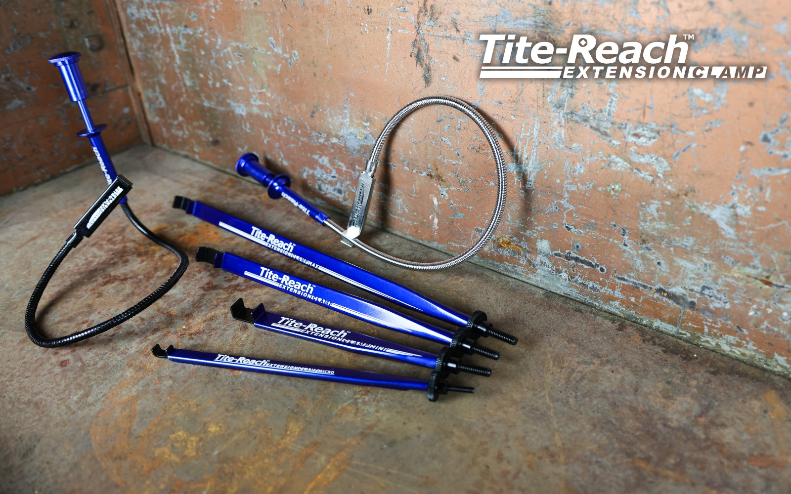 Tite-Reach extension clamps on a rusty surface