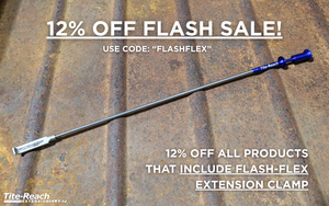 Flash Flex extension clamp on a textured surface with promotional text overlay. 12% off sale on all products that include flash-flex extension clamp - use code flashflex.