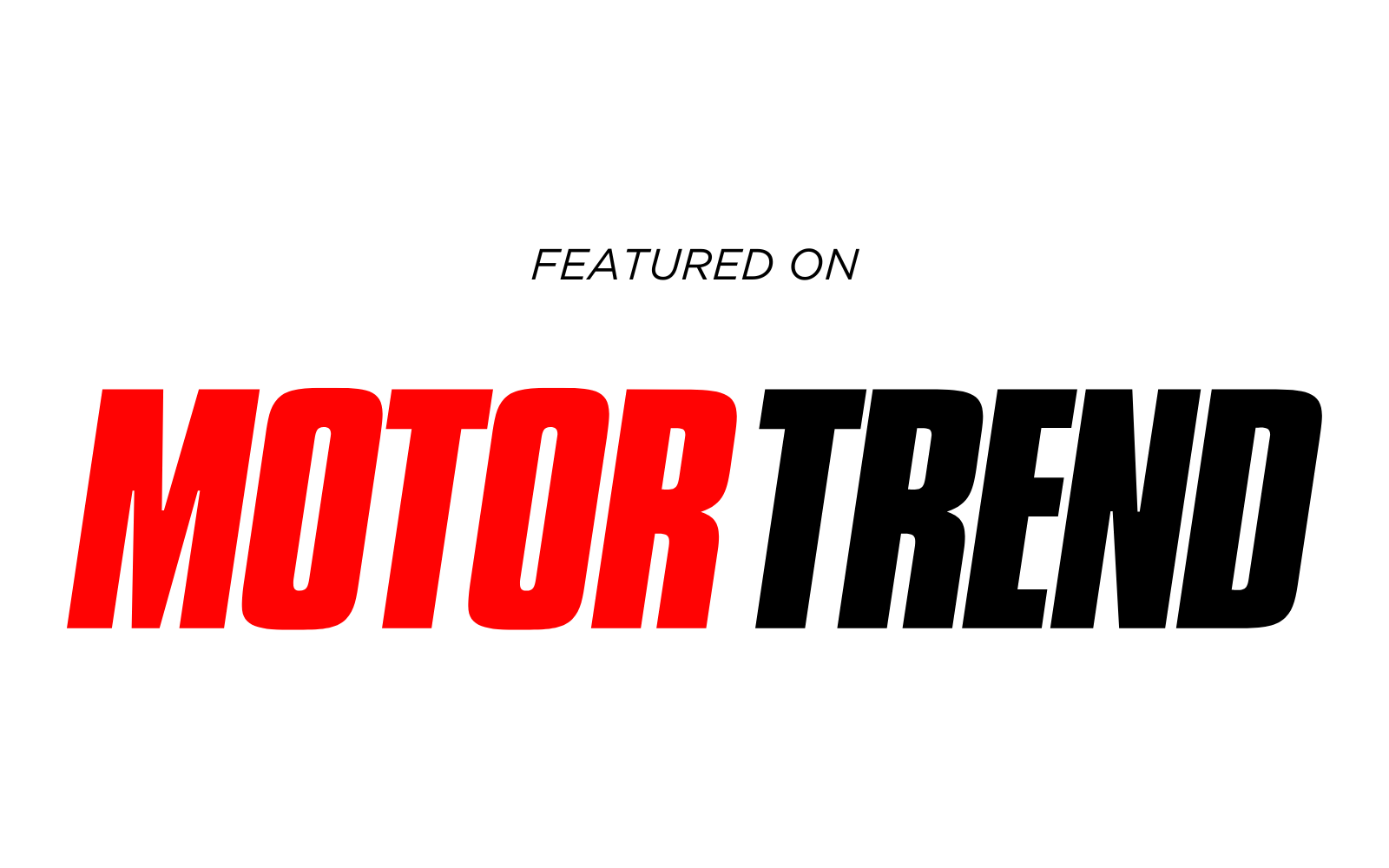 The text FEATURED ON is displayed above the MOTOR TREND logo  with  MOTOR in red and TREND in black.