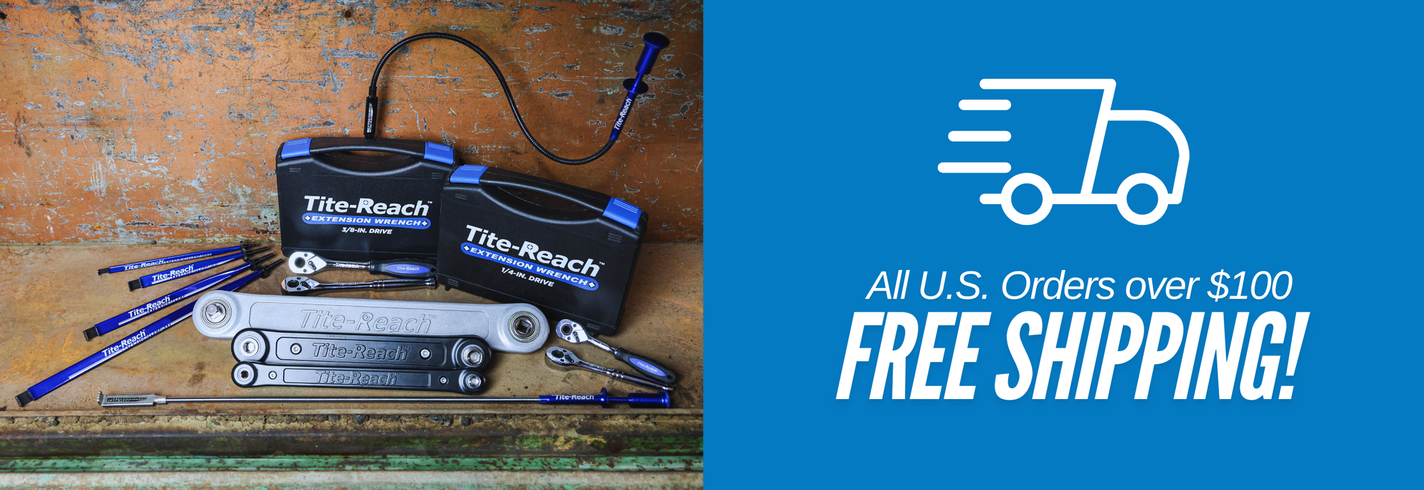 Tite-Reach tools on wood, next to a blue banner with a truck icon, announcing FREE SHIPPING on US orders over $100.