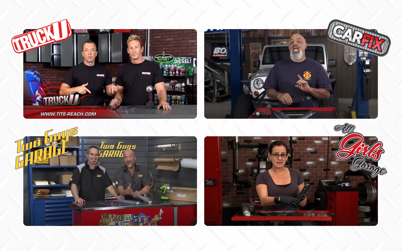 A four-panel grid shows various automotive TV show hosts, including TRUCK U CARFIX Two Guys Garage  and All Girls Garage presenting tools and repairs.