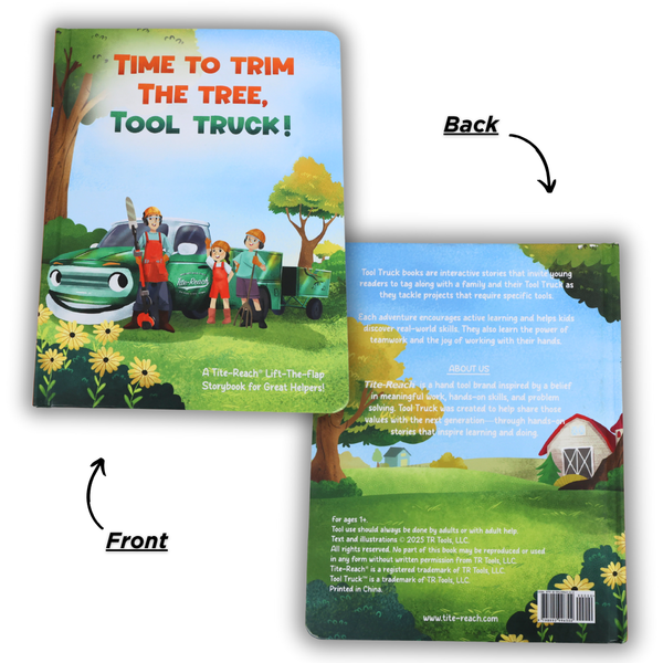 Children's book with front and back covers showing a tool truck and tree-trimming activity.