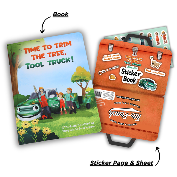 Children's book and sticker book set with 'Time to Trim the Tree, Tool Truck!' theme
